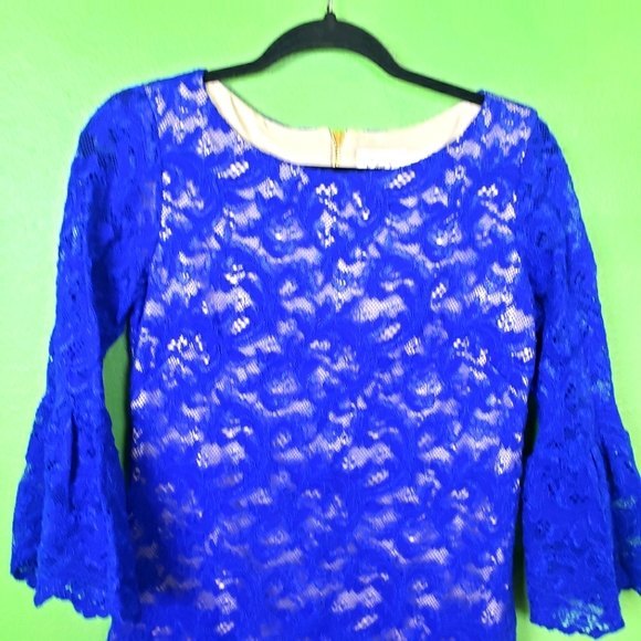 Eliza J Royal Blue Short Lace Bell Sleeve Dress Size 6 - Picture 4 of 13